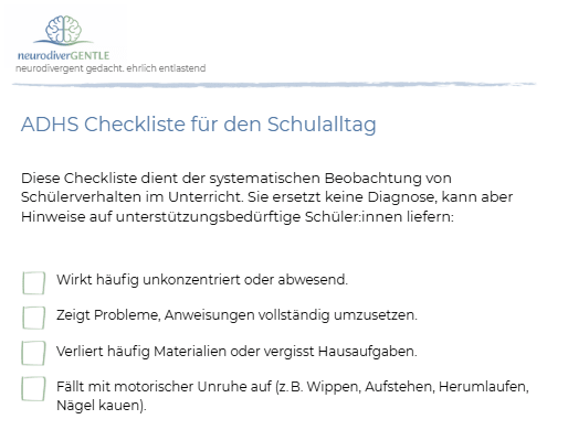 Checkliste für Lehrkräfte - ADHS im Schulalltag - NeurodiverGENTLE