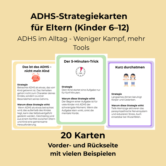 ADHS Strategiekarten für Kinder und Eltern - 20 Strategien für Fokus, Motivation und weniger Hausaufgabenstress - NeurodiverGENTLE